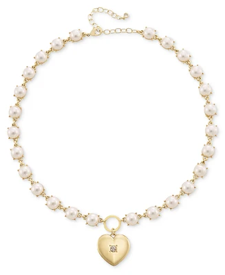 On 34th Gold-Tone Pave Heart Imitation Pearl Pendant Necklace, 16" + 3" extender, Created for Macy's