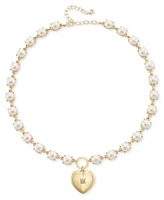 On 34th Gold-Tone Pave Heart Imitation Pearl Pendant Necklace, 16" + 3" extender, Created for Macy's