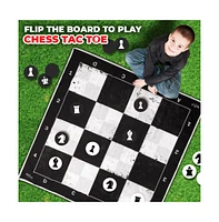 Swooc 3-in-1 Giant Checkers, Chess, & Chess Tac Toe Game With Mat (4ft x 4ft) - Machine-Washable Canvas & 5" Big Foam Discs