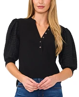 CeCe Women's V-Neck Puff-Sleeve Mixed-Media Top