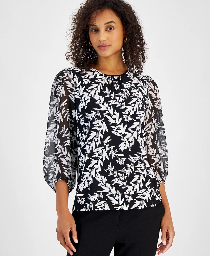 Kasper Women's Leaf-Print Shirred-Neck Blouson-Sleeve Knit Top