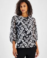 Kasper Women's Leaf-Print Shirred-Neck Blouson-Sleeve Knit Top