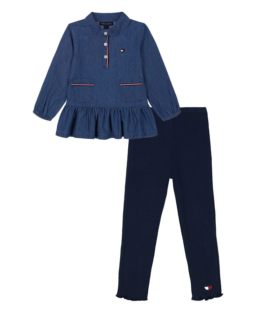 Tommy Hilfiger Toddler and Little Girls Ruffle Hem Long Sleeve Denim Tunic Ribbed Leggings, 2-Piece Set