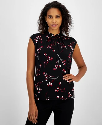 Kasper Women's Floral-Print Extend-Shoulder Button-Neck Knit Top, Regular & Petite