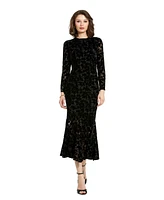 Mac Duggal Women's Burnout Velvet Long Sleeve Ruffle Hem Midi Dress