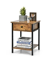 Gymax 2PCS Industrial End Side Table Nightstand with Drawer Shelf Rustic Brown