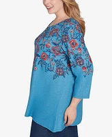 Ruby Rd. Plus Split Neck Floral Vine Placement Hatchi Knit Sharkbite Top