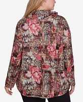 Ruby Rd. Plus Cowl Neck Floral Plaid Printed Hatchi Knit Top