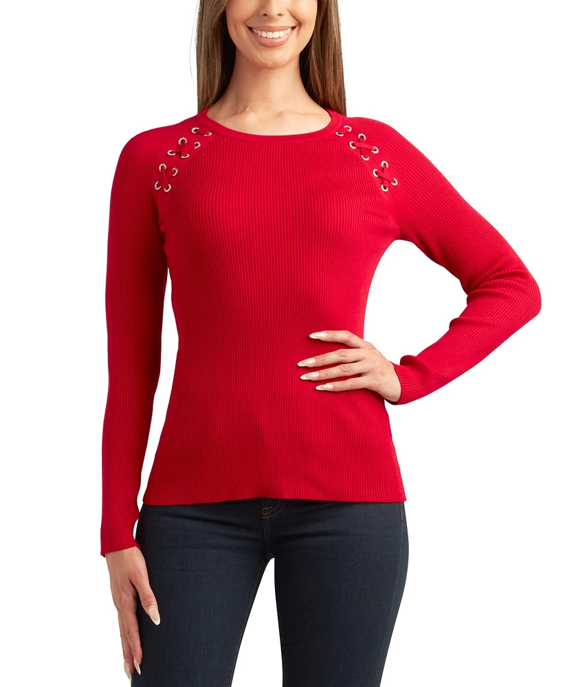 Bcx Juniors' Ribbed Lace-Up Long-Sleeve Crewneck Sweater