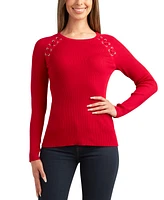 Bcx Juniors' Ribbed Lace-Up Long-Sleeve Crewneck Sweater