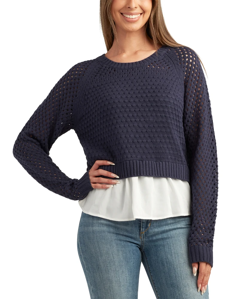 Bcx Juniors' Open-Knit Layered-Look Scoop-Neck Sweater