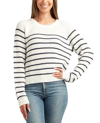 Bcx Juniors' Striped Waffle-Knit Long-Sleeve Pullover Sweater