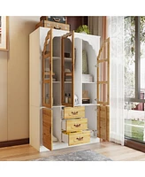 Famapy White and Brown Paint Finish Wood 45.7 in. W Bedroom Armoire in Victorian Style, Mirrored Doors, Hanging Rods, Drawer