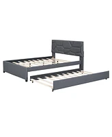 Slickblue Full Size Upholstered Platform Bed with Brick Pattern Headboard and Twin Size Trundle