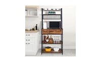 Slickblue 5-Tier Kitchen Bakers Rack – Rustic Brown, with 10 S-Shaped Hooks, 1 Drawer, and Industrial Microwave Oven Stand