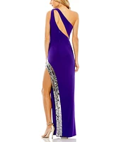 Mac Duggal Women's One Shoulder Cut Out Mirror Sequin High Slit Gown