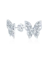 Bling Jewelry Marquise Baguette Cz Cubic Zirconia 3D Garden Fluttering Butterfly Stud Earrings .925 Sterling Silver