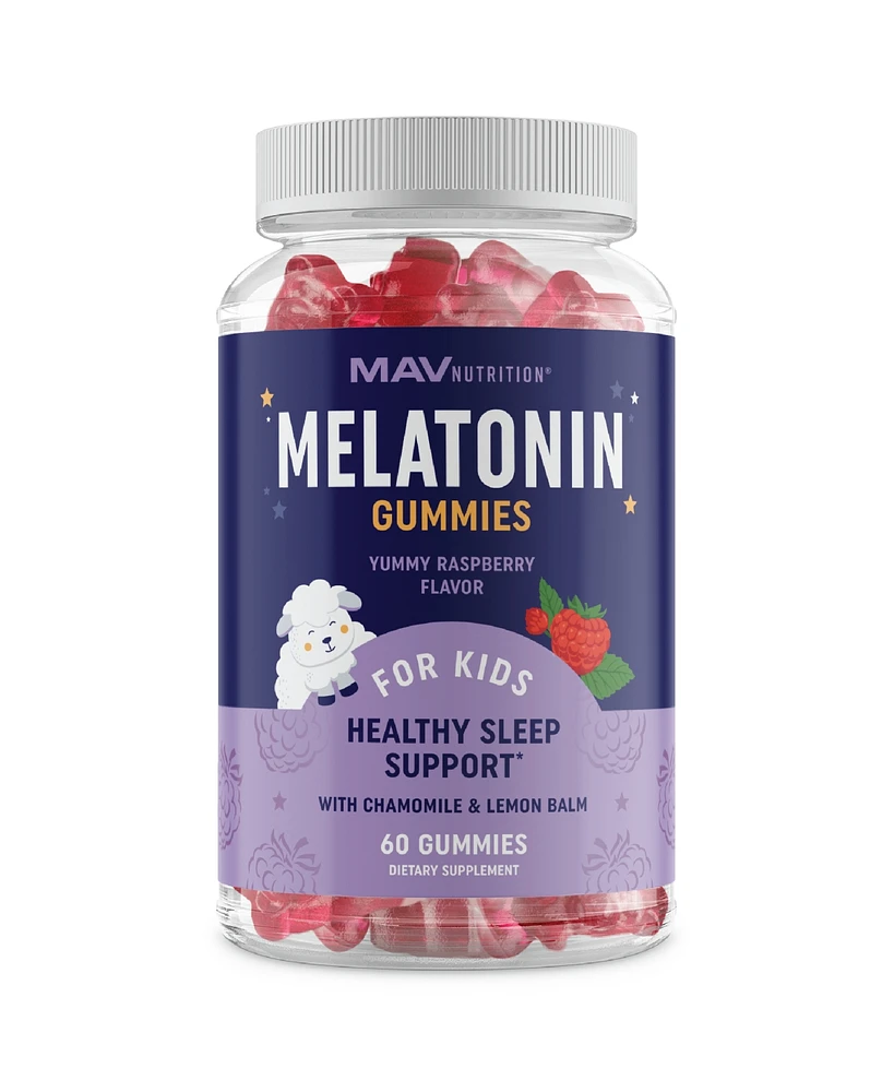 Mav Nutrition Melatonin Gummies for Kids, Premium Melatonin Gummies for Improve Sleep Quality with Chamomile & Lemon Balm, Raspberry Flavor, Mav Nutri