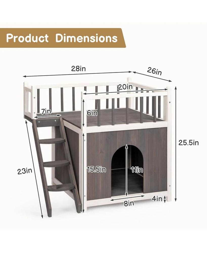 Slickblue 2-Story Wooden Feral Cat House – Dog House for Outdoor and Indoor Use, Pet House with Stairs, Grey & White