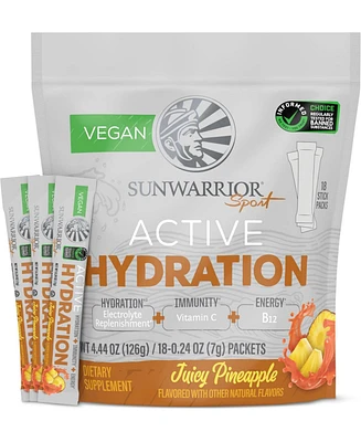 Sunwarrior Active Hydration Juicy Pineapple Powder, Sugar Free B12 Elderberry and Electrolytes Water Enhancer, Sunwarrior, 18 stick packs 126g pouch