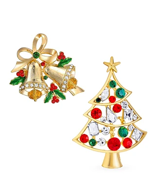 Bling Jewelry Large Colorful Crystal Holiday Holly Christmas Tree & Bells Scarf Brooch Pin