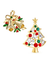 Bling Jewelry Large Colorful Crystal Holiday Holly Christmas Tree & Bells Scarf Brooch Pin