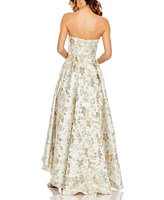 Mac Duggal Women's Brocade Strapless Golden Floral High Low Gown