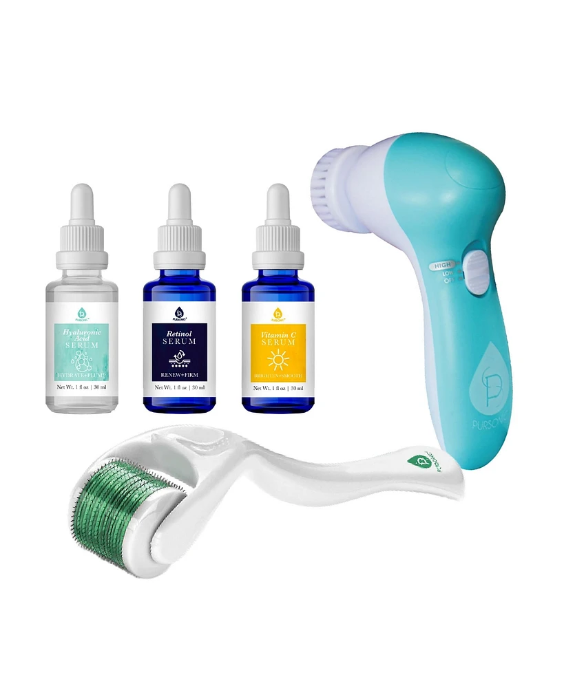 Pursonic Advanced Facial Cleansing Brush, Anti-Aging Serum Set, and Micro Needle Derma Roller Bundle