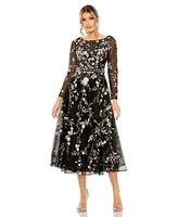 Mac Duggal Women's High Neck Long Sleeve Embroidered Dress