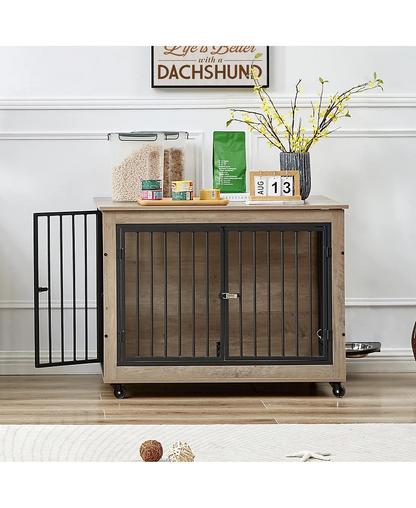Slickblue Furniture Style Dog Crate Side Table with Rotatable Feeding Bowl – Stylish and Functional