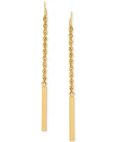 Polished Square Tube & Rope Link Long Linear Drop Earrings in 14k Gold