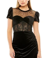 Mac Duggal Women's Short Sleeve Sheer Top Lace Bustier Dress