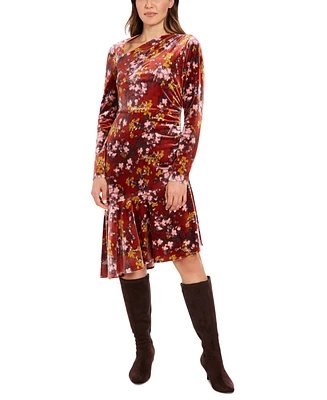 London Times Women's Floral Velvet Asymmetric Dress