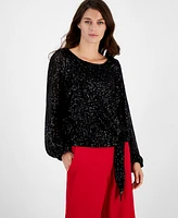 Tahari Asl Women's Sequinned Tie-Hem Blouson-Sleeve Top