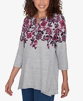 Ruby Rd. Petite Split Neck Floral Print Hatchi Knit Sharkbite Top with Bar Detail