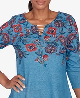 Ruby Rd. Petite Split Neck Floral Print Hatchi Knit Sharkbite Top with Bar Detail