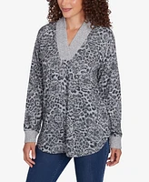 Ruby Rd. Petite V-Neck Leopard Medallion Printed Hatchi Knit Top with Solid Rib Trim