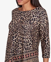 Ruby Rd. Petite Ballet Neck Animal Printed Hatchi Knit Top with Asymmetric Paisley Border Print Hem