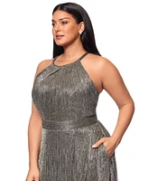 Betsy & Adam Plus Crinkled Metallic Halter Gown