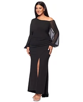 Betsy & Adam Plus Asymmetric Long-Sleeve Gown