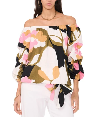 Vince Camuto Women's Printed Linen-Blend Off The Shoulder Bubble Sleeve Tie Front Top