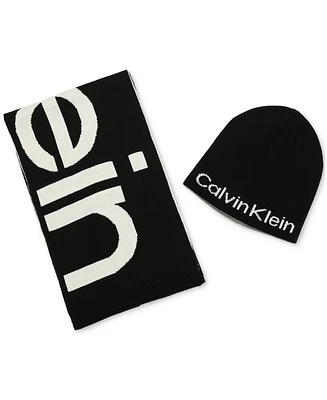 Calvin Klein Men's Large Logo Scarf & Beanie Set