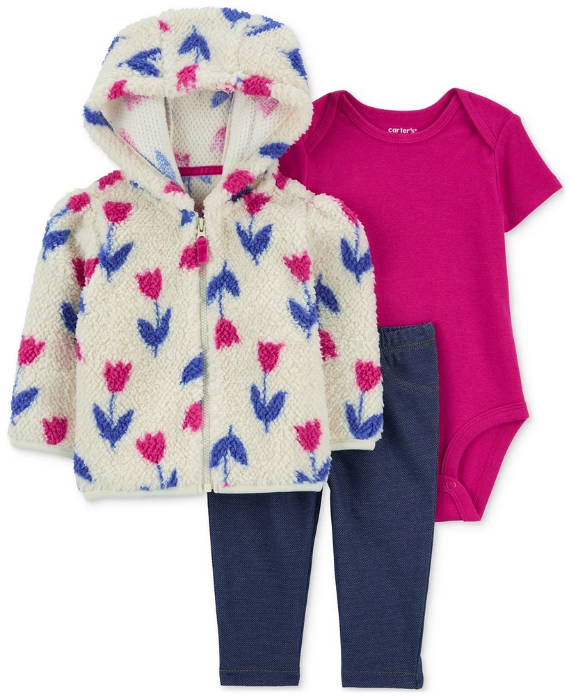 Carter's Baby Girls Faux-Sherpa Floral Little Jacket, Bodysuit & Denim Leggings, 3-Piece Set