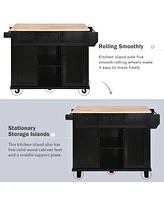 Slickblue Kitchen Cart with Rubber Wood Drop-Leaf Countertop Cabinet Door Internal Storage Racks, 5 Wheels, 3 Drawers