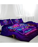 Slickblue 3-Piece Trippy Neon Gamepad Duvet Cover Set – Twin Size Soft Bedding for Gamers