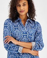 Nautica Jeans Women's Lisboa Cotton Paisley-Print Striped-Cuff Blouse