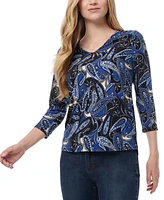 Jones New York Petite Printed Keyhole 3/4-Sleeve Top