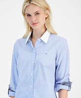 Tommy Hilfiger Women's Cotton Bengal-Stripe Roll-Tab Shirt