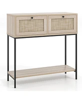 Costway Rattan Console Table with 2 Rattan Drawers & Open Storage Shelf Metal Legs