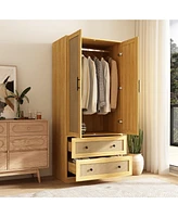 Famapy Wardrobe Freestanding Coat Storage Cabinet with 2-Tier Drawers and Hanging Bar